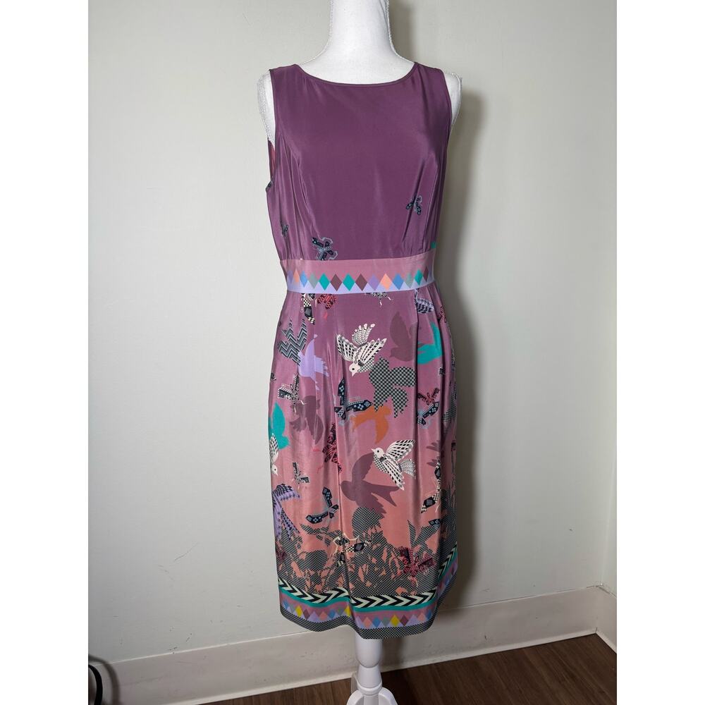 Anthropologie HeyHoe Purple Silk Sheath Dress - Size 4 - Geometric Bird Design